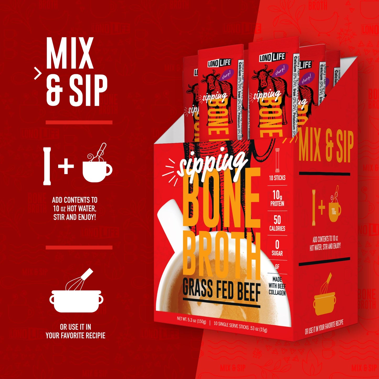 LonoLife Beef Bone Broth Powder Mix | Grass-Fed, 10g Protein | Collagen-Rich, Keto & Paleo Friendly | Natural Ingredients | 10 P