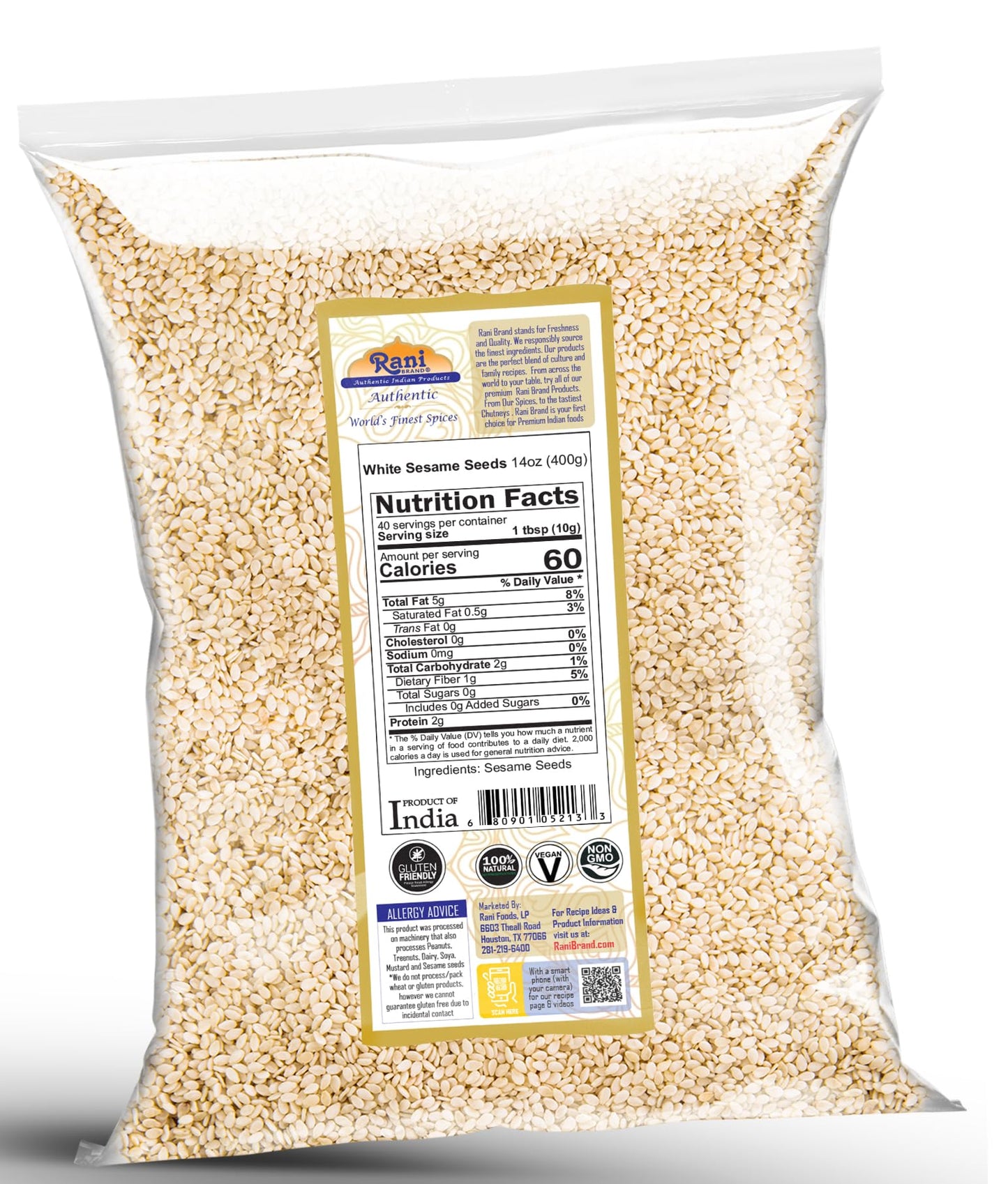 Rani Sesame Seeds Whole White, Hulled (Till) 14Oz (400Gm) ~ All Natural | Gluten Friendly | Non-Gmo | Kosher | Vegan | Indian Or