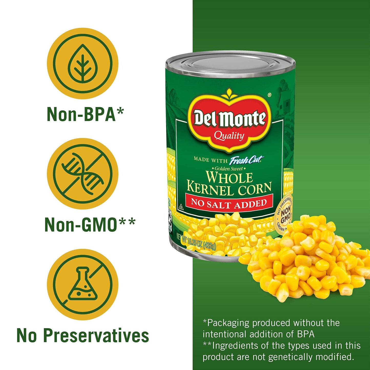 Del Monte Fresh Cut Golden Sweet Whole Kernel Corn No Salt Added, 15.25 oz. Can, Canned Vegetables