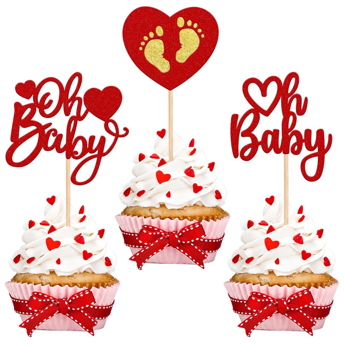 24 Pcs Oh Baby Cupcake Toppers Glitter Baby Feet Sweet Love Heart ValentineS Day Cupcake Picks For Love ValentineS Day Theme Baby Shower Birthday Party Cake Decorations Supplies Red