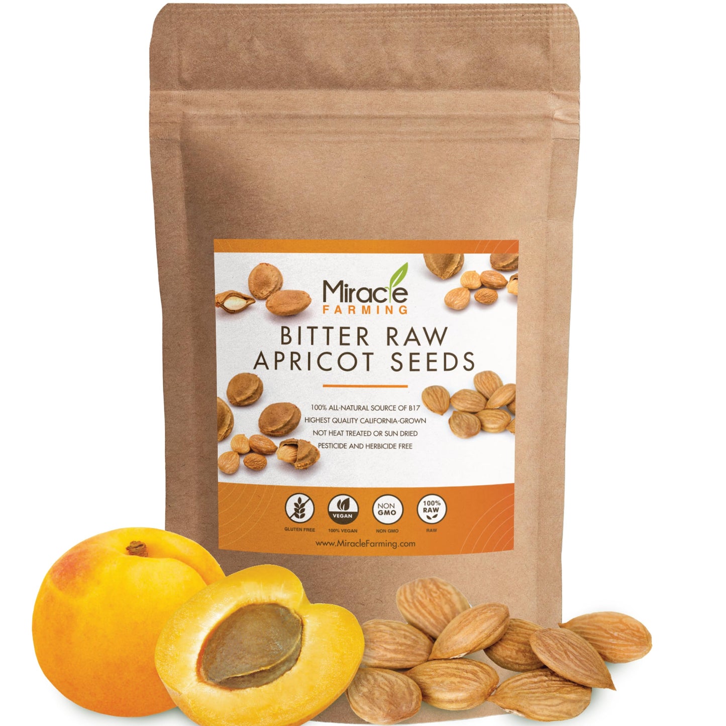 Bitter Apricot Seeds/Kernels California USA Grown Non GMO Vegan Raw & Large The Best Natural Source of In a Resealable Pouch (1LB)