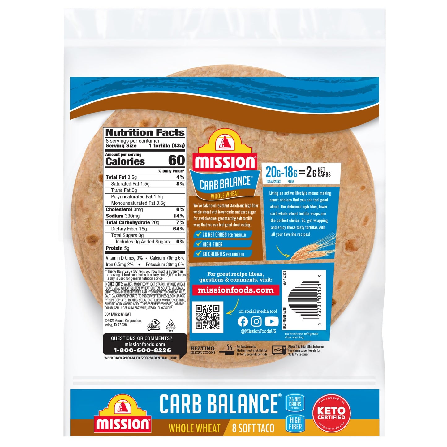 Mission Carb Balance Soft Taco Whole Wheat Tortillas, Medium Size, 8 Count, Low Carb, Keto, Whole Grains, High Fiber, No Sugar