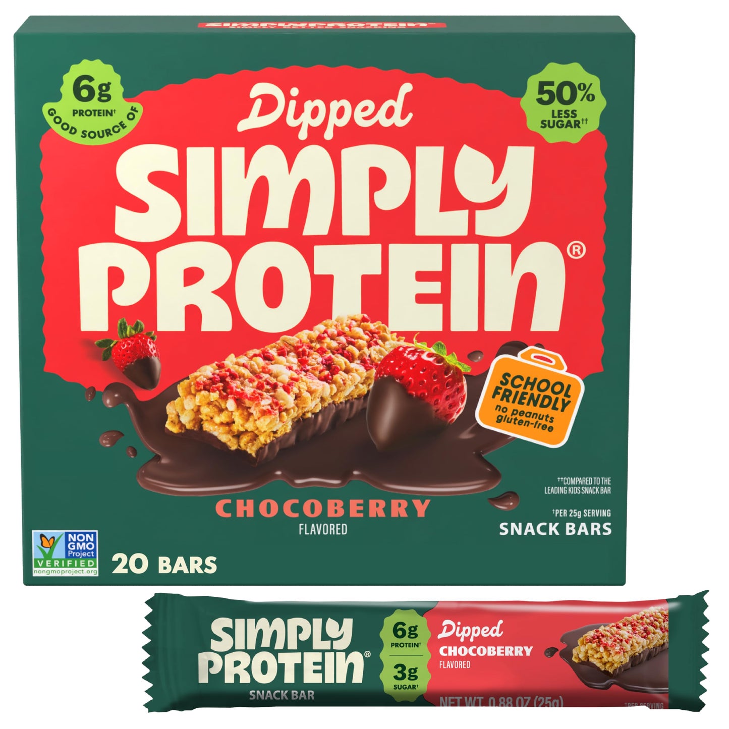 Simply Protein - Chocoberry Dipped Bars 20 Count - Plant Based Protein Snack Bars - Snacks for Kids - 6g Protein 3g Sugar & 100 Calories - Vegan Gluten Free Non GMO & Kosher - 4 Boxes