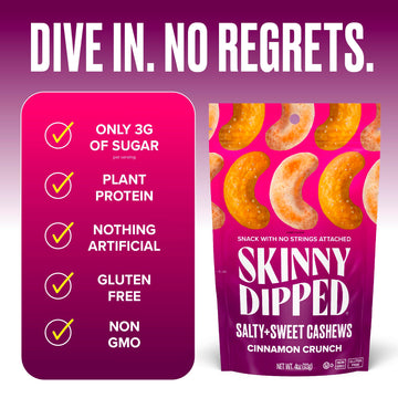 SKINNYDIPPED Salty + Sweet Cinnamon Crunch Cashew, Healthy Snack, Plant Protein, Gluten Free, 4 oz Resealable Bags, Pack of 5