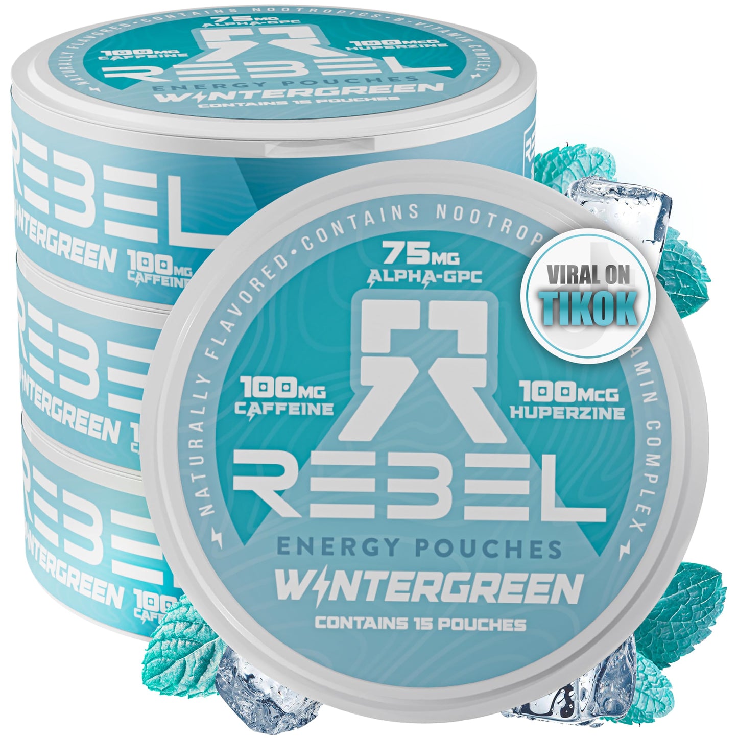 Rebel Supplements Nootropic Energy Caffeine Pouches 100mg Caffeine Sugar-Free Pack of 4 Wintergreen Flavor