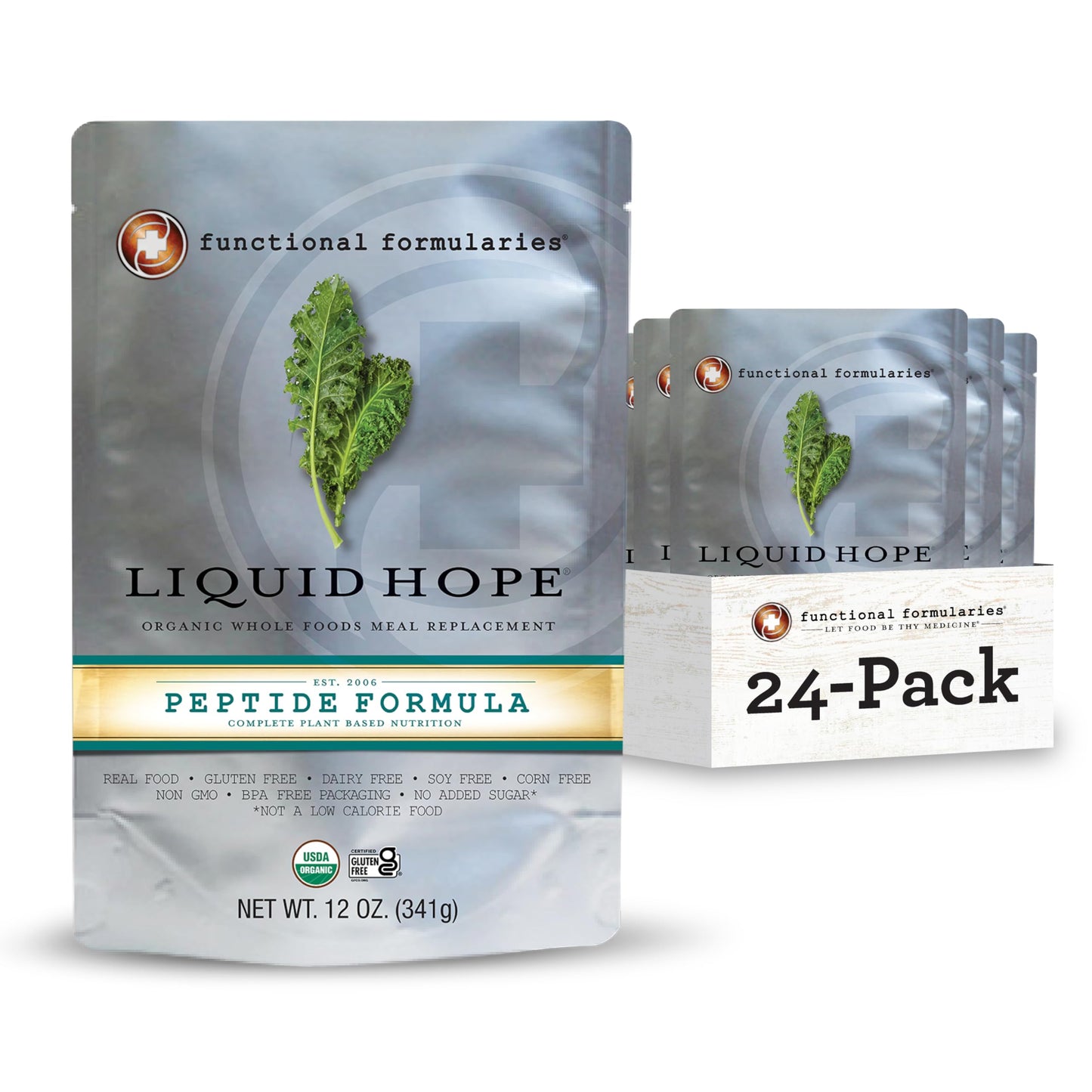 FUNCTIONAL FORMULARIES Liquid Hope Organic Peptide Tube Feed Formula 25g Protein 11g Fiber Meal Replacement 12 Oz (24 Pack)