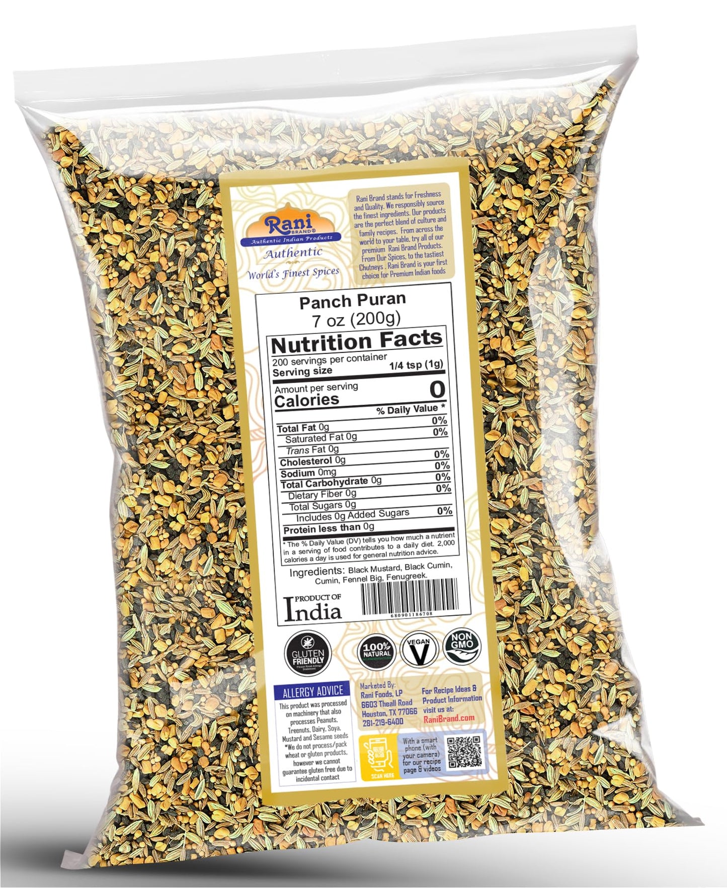 Rani Panch Puran (5 Spice) 7Oz (200G) ~ All Natural | Vegan | Gluten Friendly | Non-Gmo | Kosher | Indian Origin (Equal Blend Of Fenugreek, Mustard, Kalonji/Nigella, Fennel And Cumin)