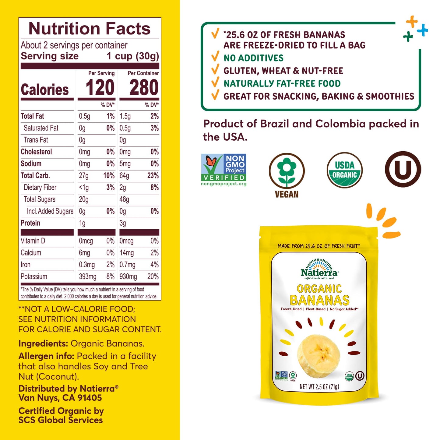 NATIERRA Organic Freeze-Dried Bananas USDA Certified Organic, Vegan & Non-GMO 2.5 Ounce (Pack of 1)