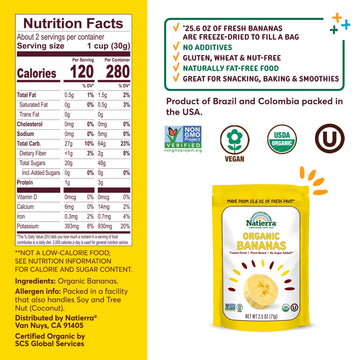 NATIERRA Organic Freeze-Dried Bananas USDA Certified Organic, Vegan & Non-GMO 2.5 Ounce (Pack of 1)