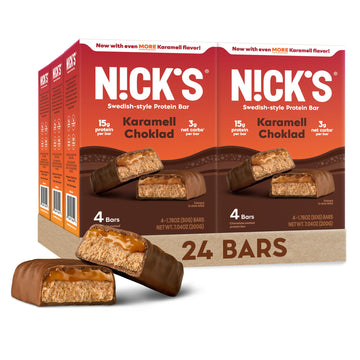 Nicks Protein Bars Chocolate Caramel | 15g protein | 190 calories | Low Carb Keto Friendly Snacks No Added Sugar (Multipack 24
