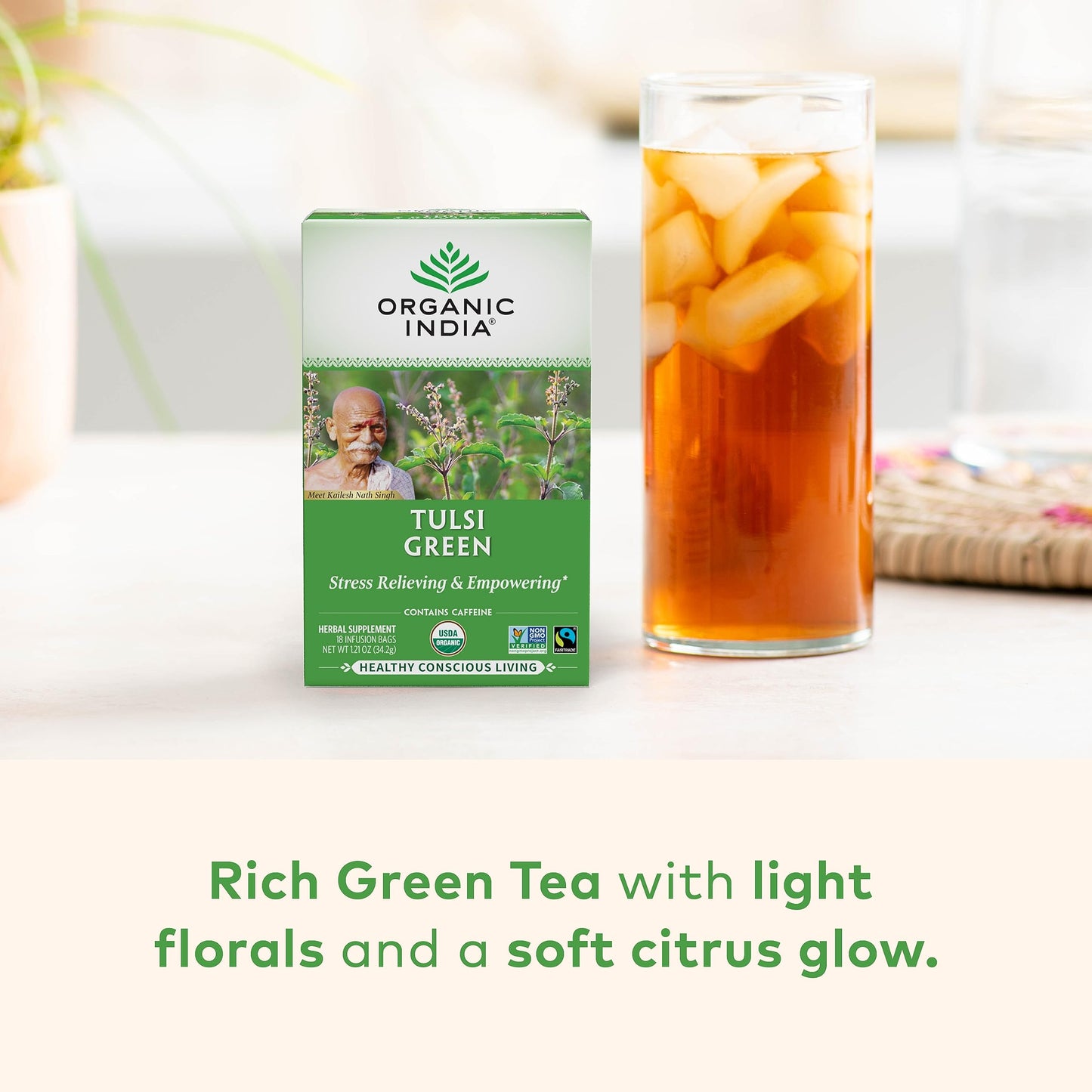 Organic India Tulsi Green Tea Bags - Holy Basil Tea, African Basil, Stress Relieving, Immune Support, Usda Certified Organic, Premium Darjeeling Green Tea, Caffeinated - 18 Infusion Bags, 1 Pack
