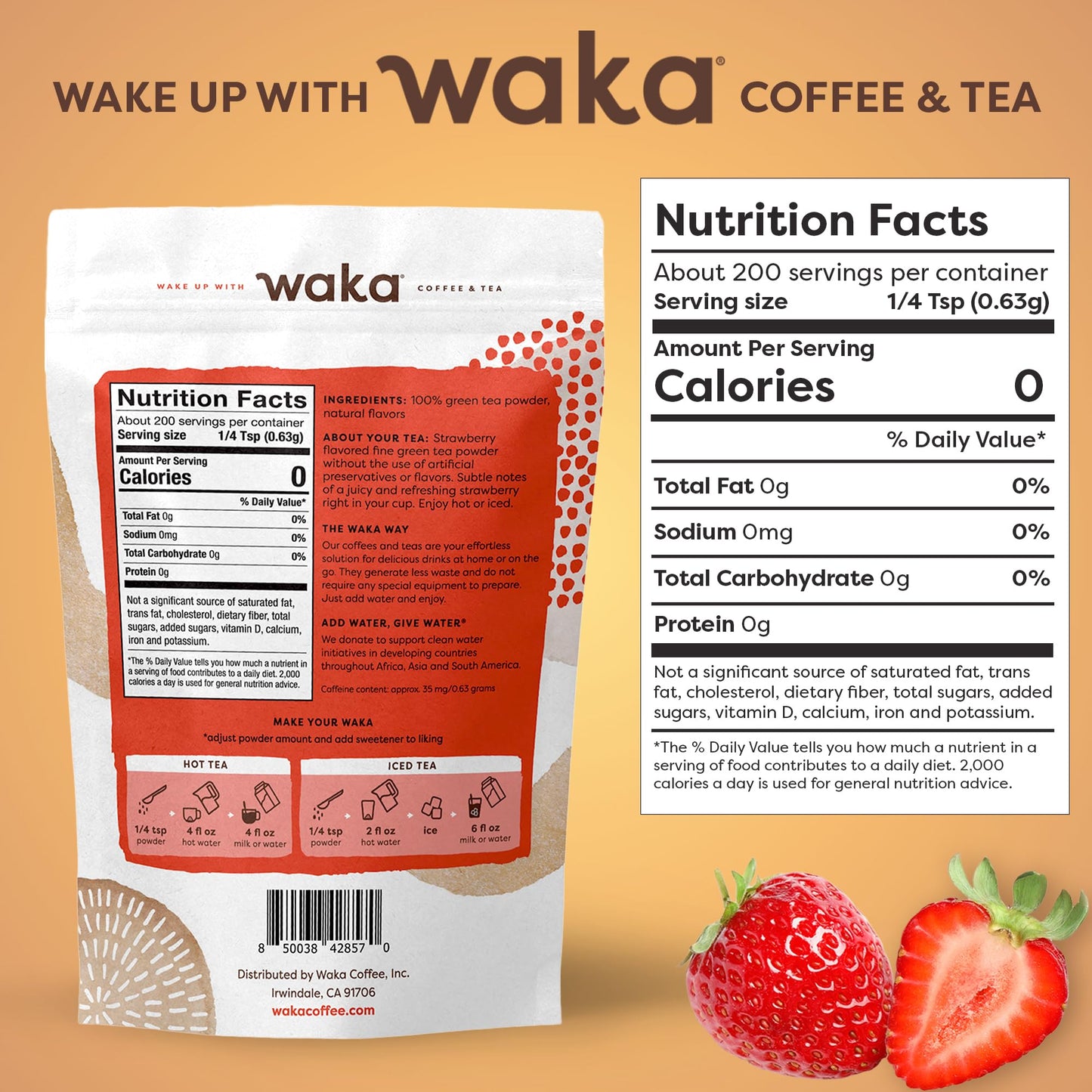 Waka Instant Green Tea Mix, Strawberry Flavored - 100% Tea Leaves, No Additives, Unsweetened Tea Powder In Bulk Pouch - Easy Qui