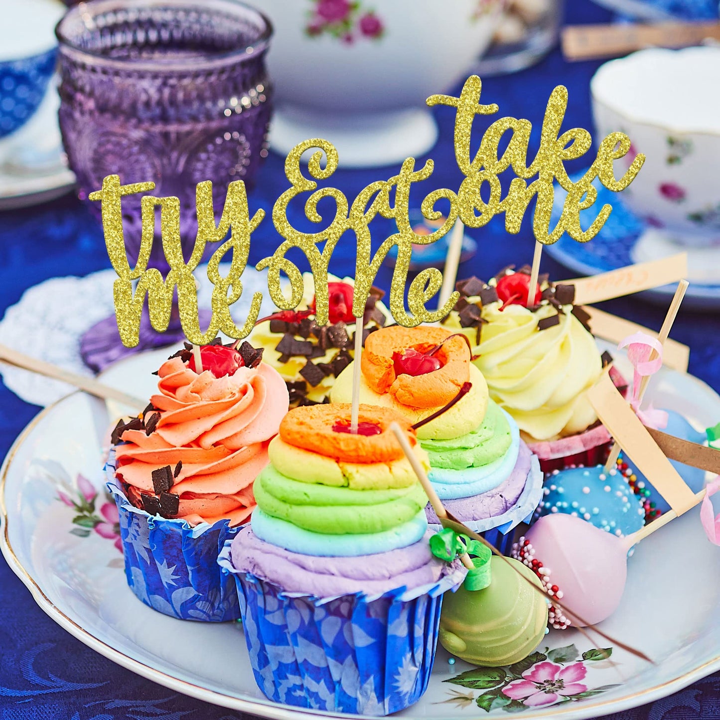 Gyufise 24 Pack Eat Me Cupcake Toppers Try Me Take One Gold Glitter Alice in Wonderland Cupcake Picks Decorations for Baby Showe