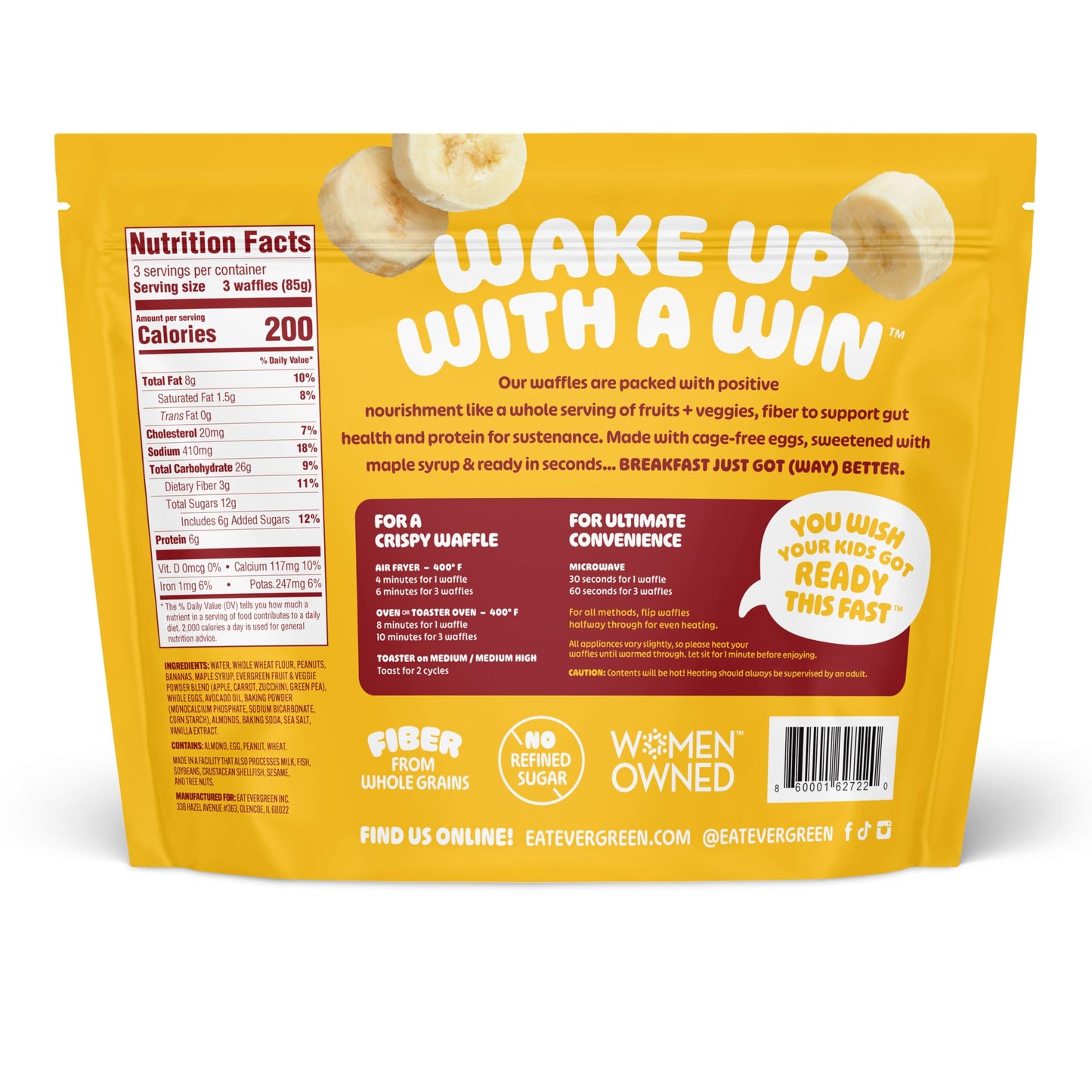 Evergreen Peanut Butter Banana Bread Waffles, 100% Whole Grain, 1 Full Combined Serving of Fruits & Veggies, Supports Gut Health