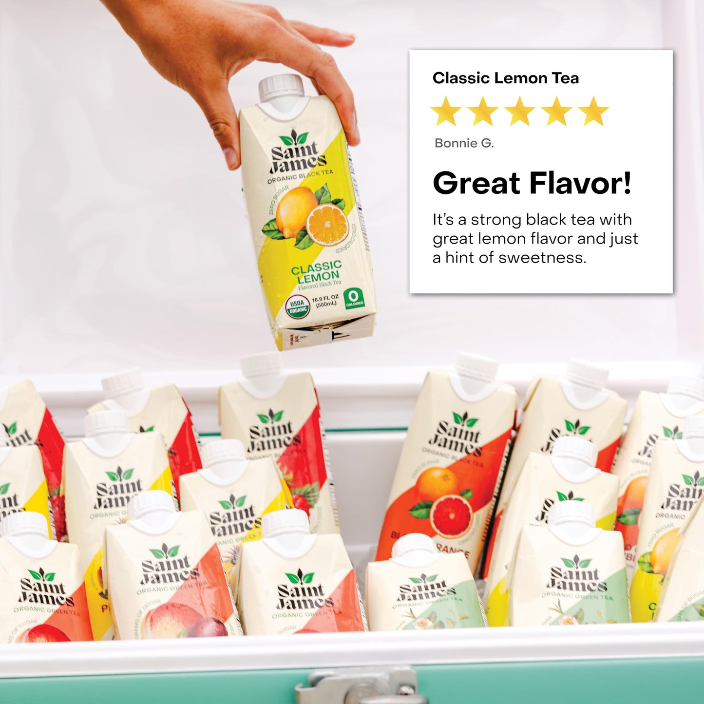 Saint James Iced Tea - Organic Black Tea - Non-GMO, Gluten Free, Zero Calorie, Zero Sugar - Classic Lemon, 12 Pack (16 fl oz eac