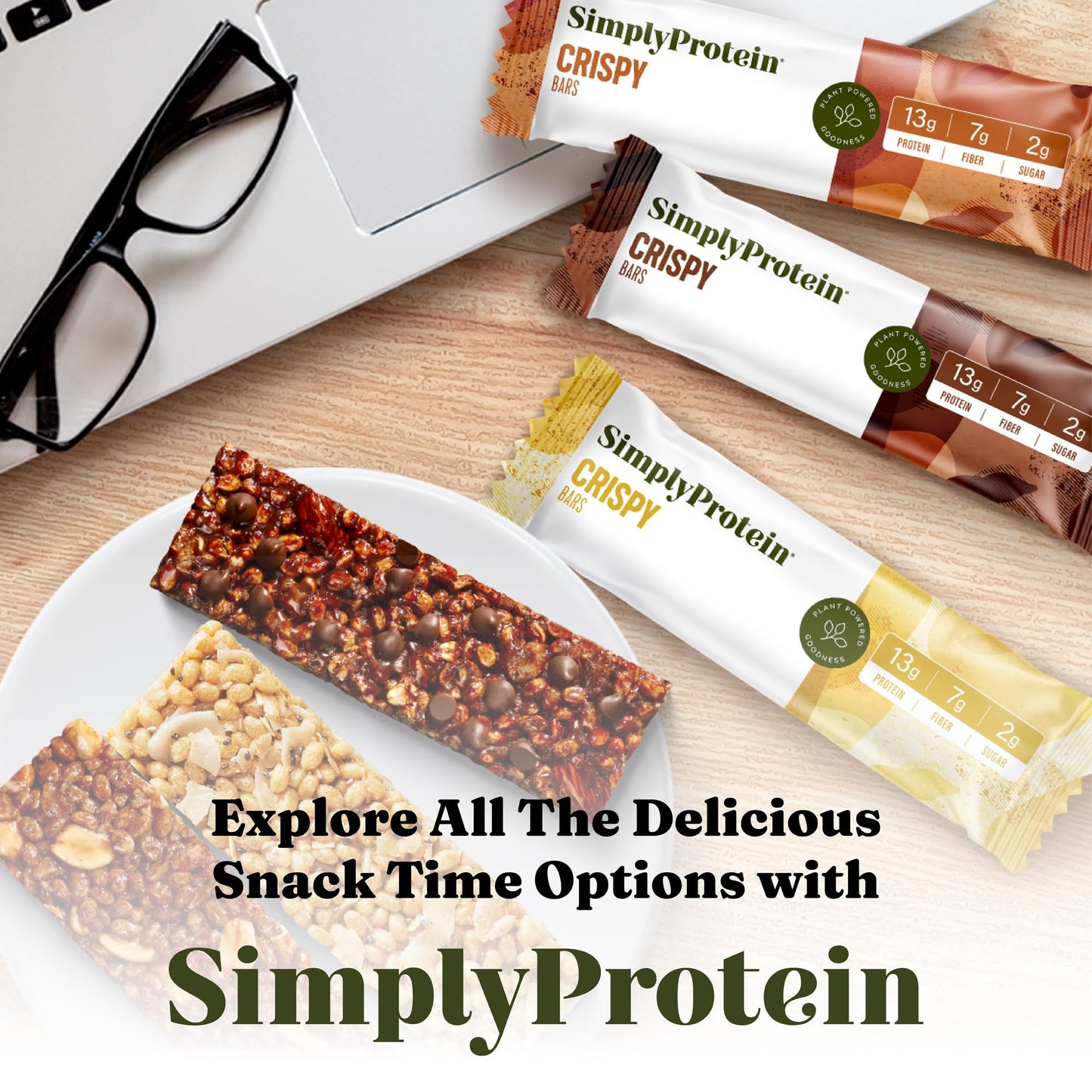 Simply Protein - Crispy Bars Variety Pack 3 Flavors - Plant Based Protein Bars Protein Snacks - 13g Protein 2g Sugar 7g Fiber - Vegan Gluten Free Non GMO Kosher - 15 Bars 1 Box