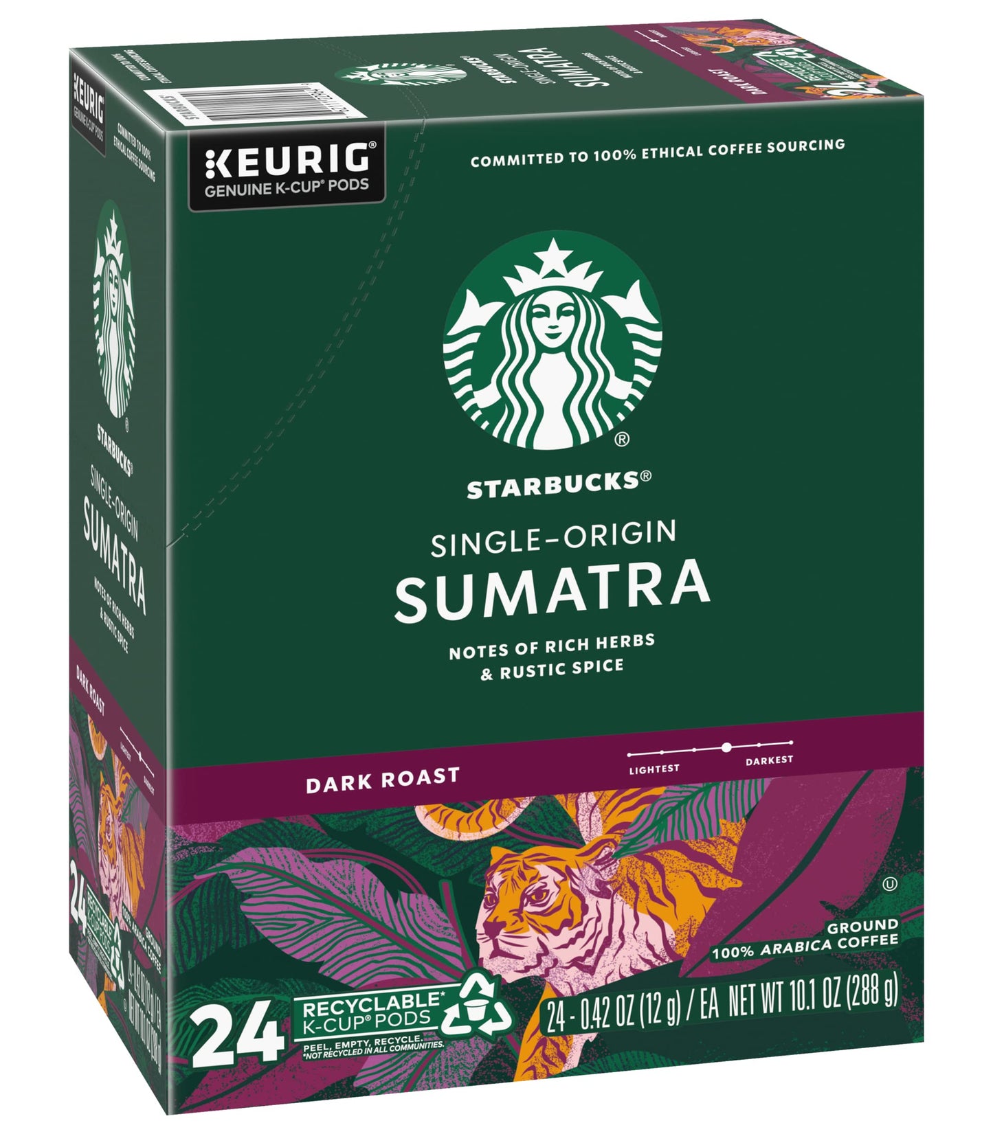 Starbucks Sumatra Single-Origin Coffee K-Cup Pods, Dark Roast Ground Coffee With Earthy & Herbal Flavor, 24 Ct K-Cup Pods Per Bo