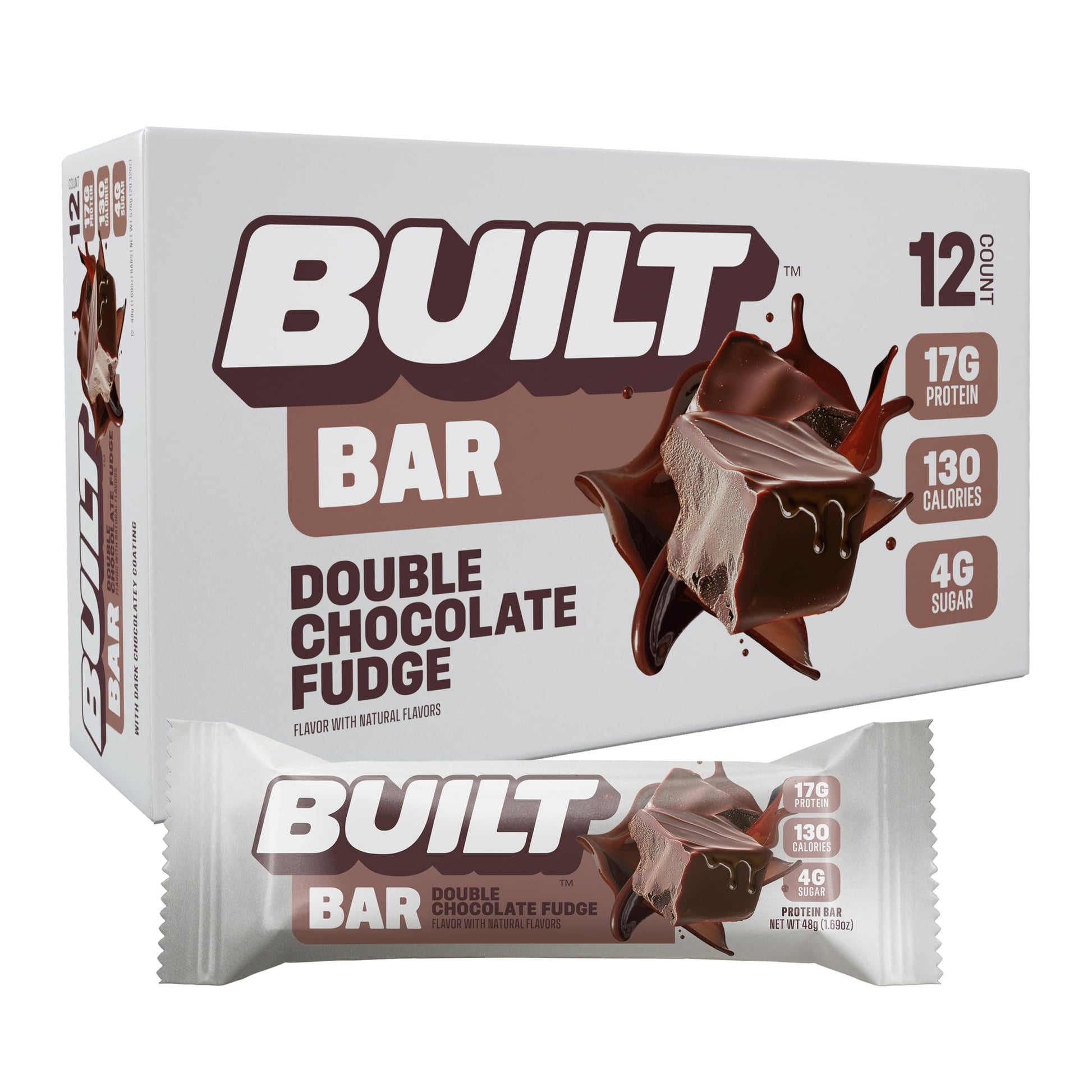 Built Bar, Protein Bars, 17G Protein Snacks, On-The-Go Bars With Only 130 Calories & 4G Sugar, Double Chocolate Fudge, 12 Count