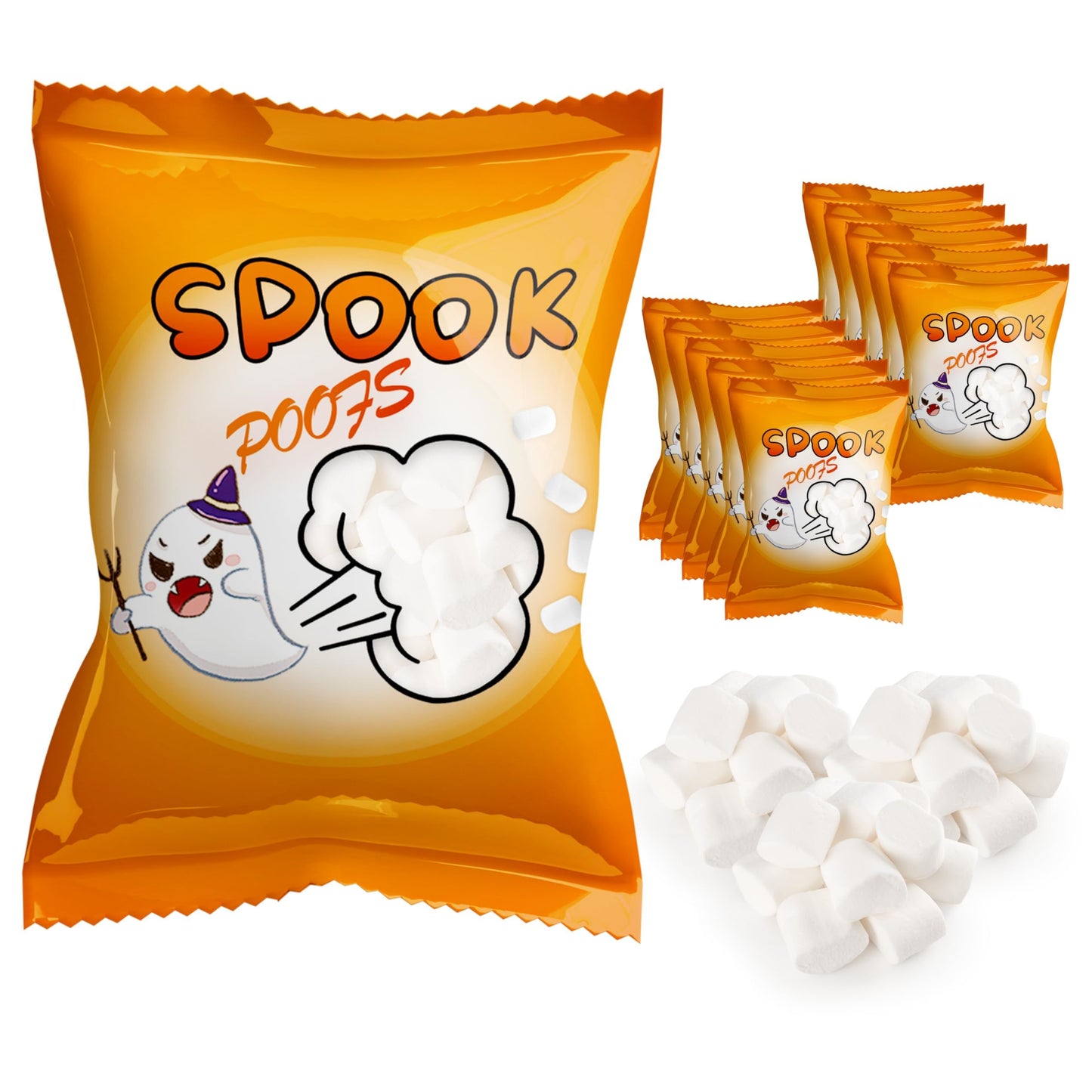 4Es Novelty 24 Pack Halloween Mini Marshmallows - Spook Poof - Indvidually Wrapped Vanilla Flavor - Halloweens Candy for Kids in Bulk Snacks for Trick or Treat 17 Marshmallows in Each Bag