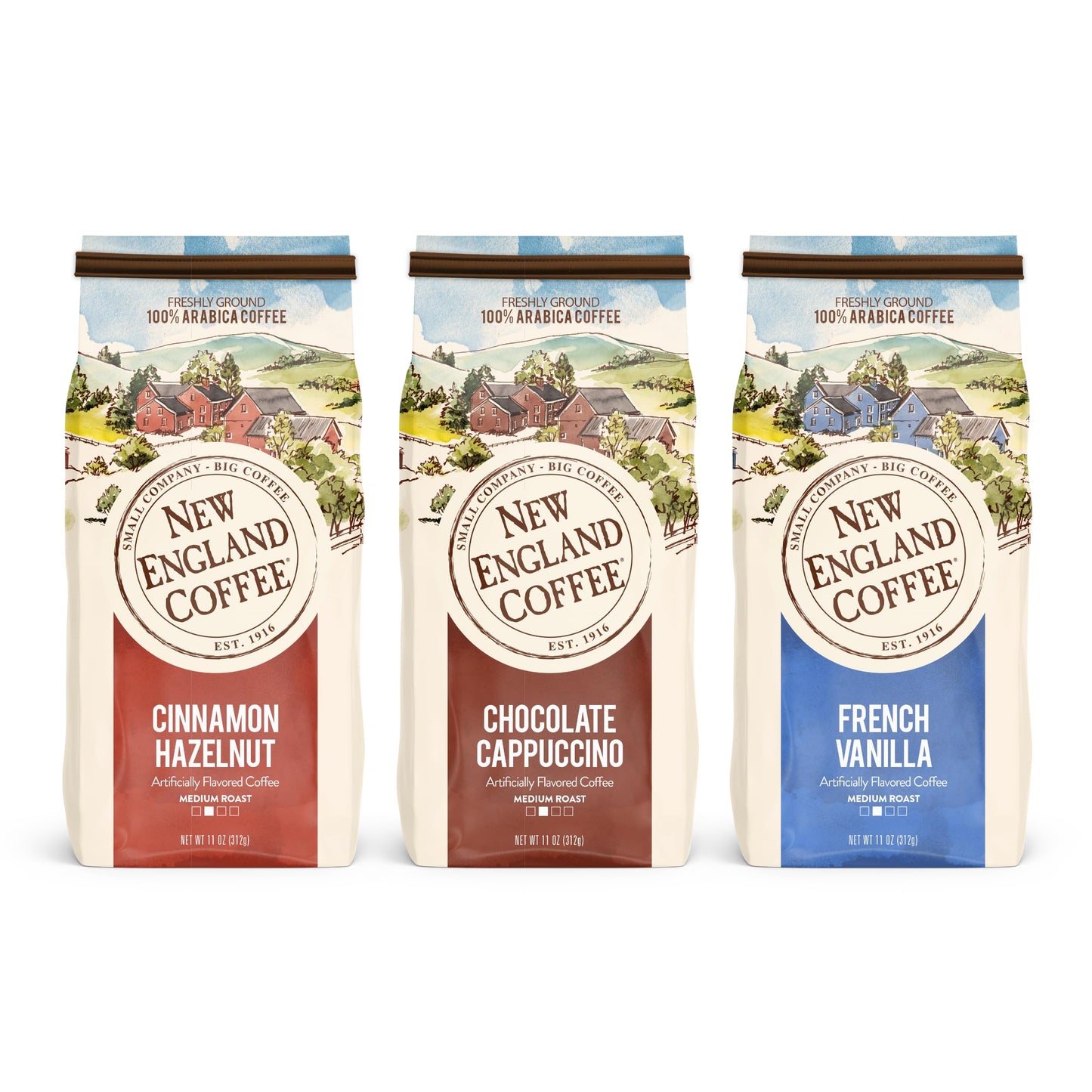 New England Coffee Variety Pack - Cinnamon Hazelnut/Chocolate Cappuccino/French Vanilla 11Oz Bag (Pack Of 3)