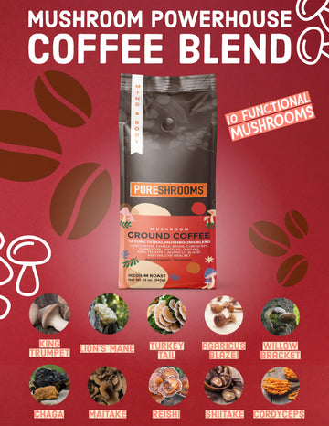 Mushroom Ground Coffee W/ 10 Organic Mushroom Extracts - King Trumpet, Agaricus Blazei, Willow Bracket, Lion'S Mane, Chaga, Reis