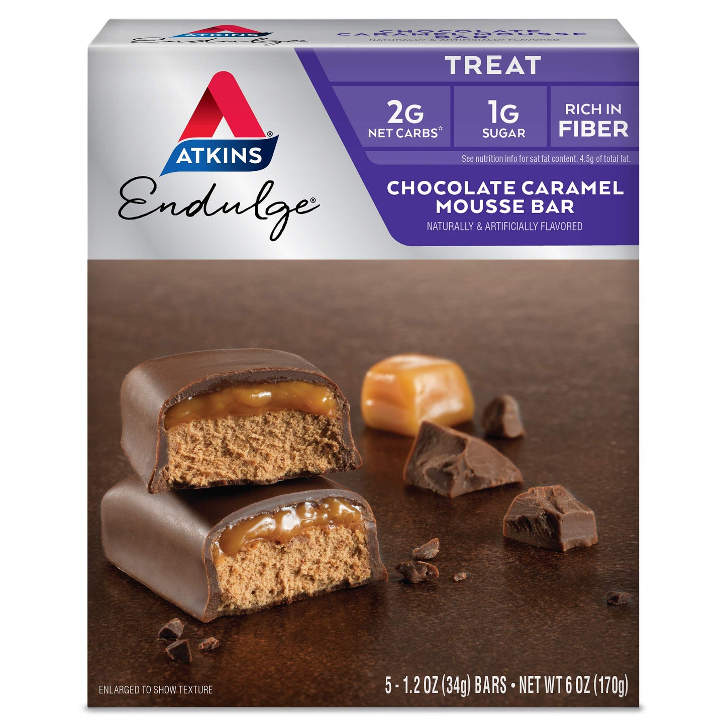 Atkins Endulge Chocolate Caramel Mousse Bar, Dessert Favorite, 1G Sugar, High In Fiber, 5 Count