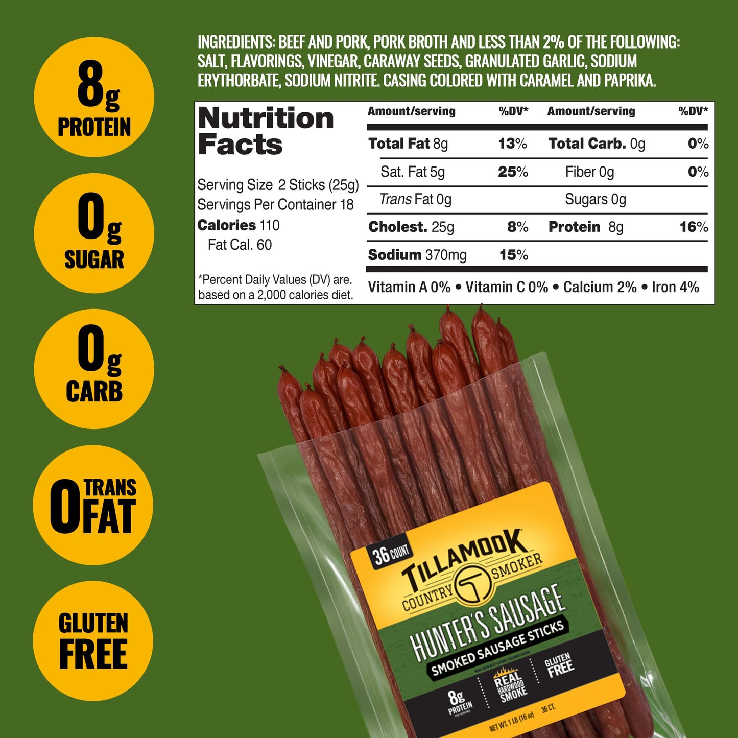 TILLAMOOK COUNTRY SMOKER Hunters Sausage Smoked Sticks, 16 Ounce, Low Carb, High Protein, Bulk Pack (36 Count)