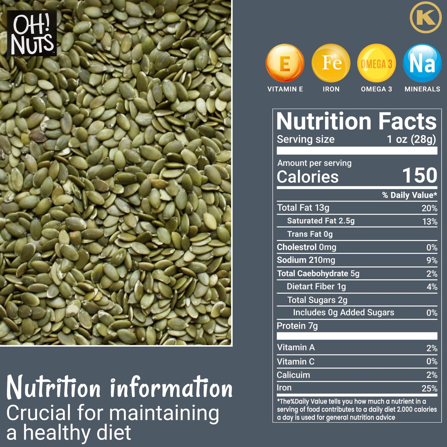 Pumpkin Seeds | Roasted Salted | 1.25 lb | No Shell Pepitas | Packed in New York Zip-Seal Bag for Exceptional Freshness by Oh Nu