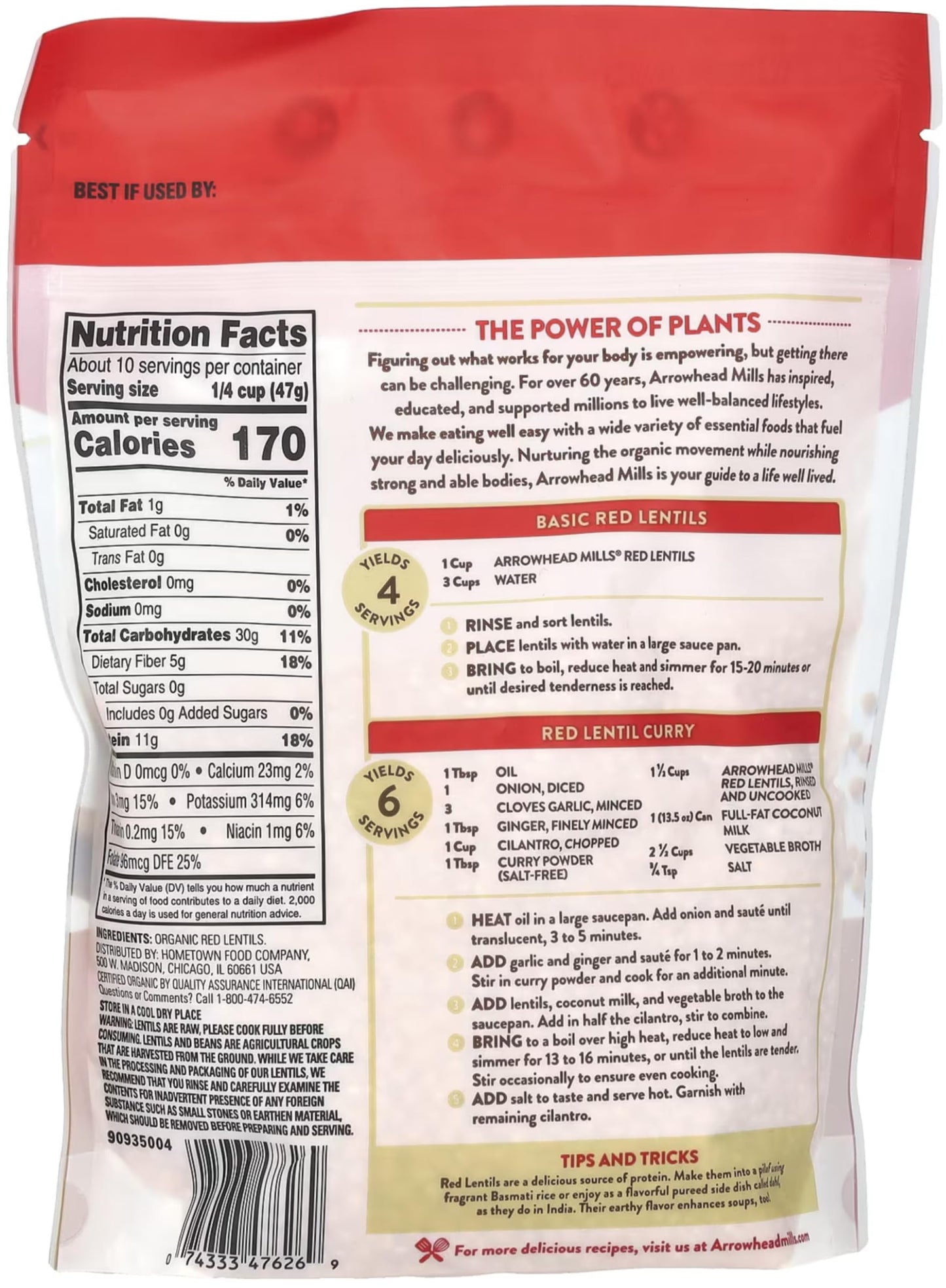 Arrowhead Mills Organic Red Lentils, 16 oz Bag