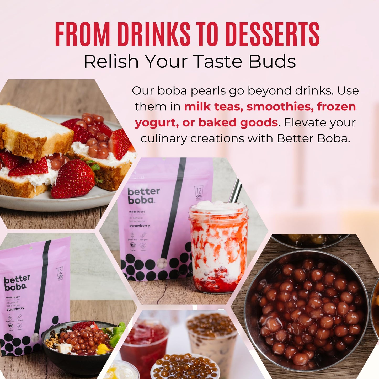 Better Boba All-Natural Strawberry Boba Pearls | Vegan, Gluten-Free, Non-Gmo, Kosher Boba For Bubble Tea, Desserts | 8 Oz Pack (