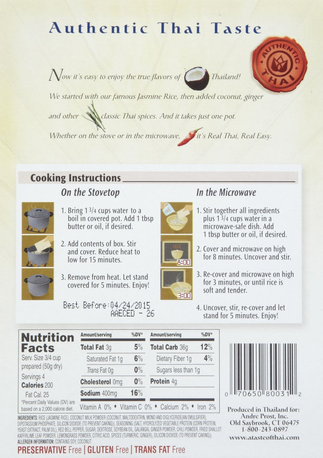 A Taste Of Thai Coconut Ginger Rice - 7Oz Single Pack Heat & Eat Instant Jasmine Rice Flavored With Classic Thai Spices | Gluten
