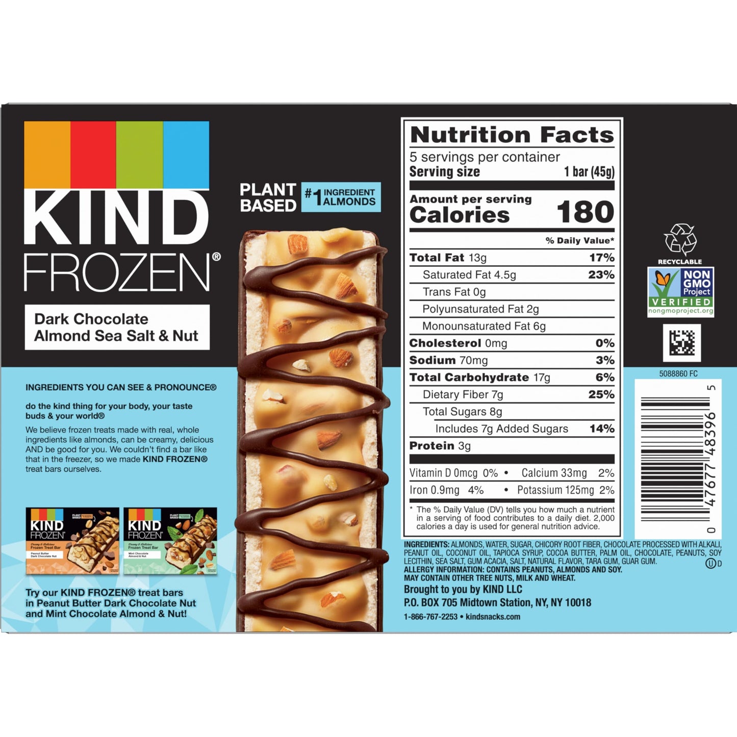 KIND FROZEN Plant Based Frozen Treat Bar, Dark Chocolate Almond Sea Salt & Nut Treat Bars, 5 Pack, 1.6 Oz Bars