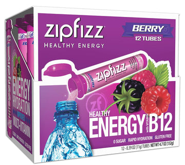 Zipfizz Daily Energy Drink Powder, Sugar-Free, Electrolyte Powder, 12 Pack, Berry Flavor, Model 12BERRY, 0.39 Ounce Each