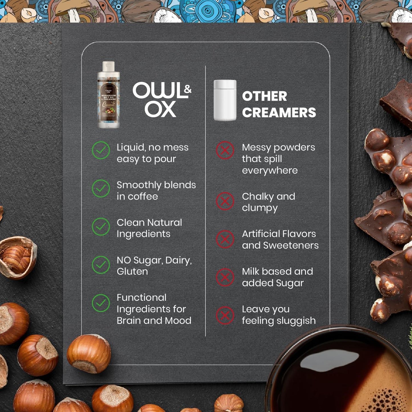 Mushroom Coffee Creamer With Mct Oil By Owl & Ox | L Theanine, Nootropic Superfood Blend, Vegan, Sugar Free, Dairy Free, Adaptog