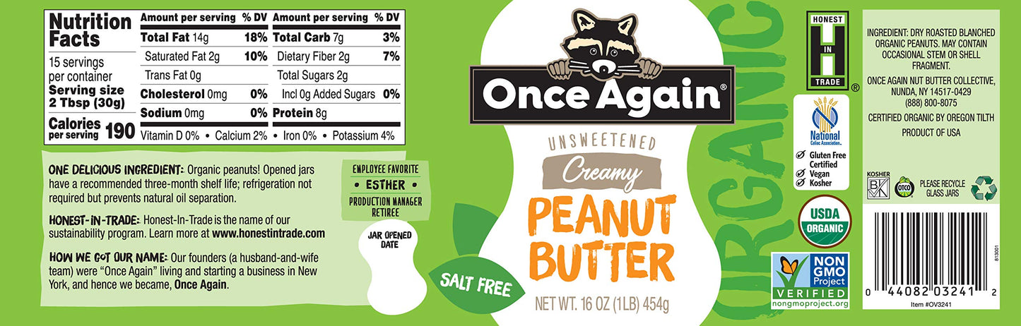 Once Again Organic Creamy Peanut Butter, 16Oz - Salt Free, Unsweetened - Usda Organic, Gluten Free Certified, Vegan, Kosher - Glass Jar - 2 Pack