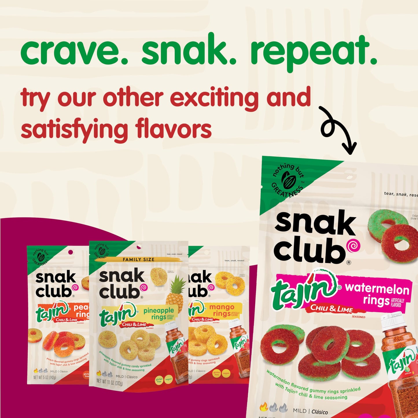 Snak Club Tajin Apple Rings Gummy Candy, Fruit Candy Gummies with Chili and Lime Seasoning, Mild, Gluten-Free and Vegan Snacks,