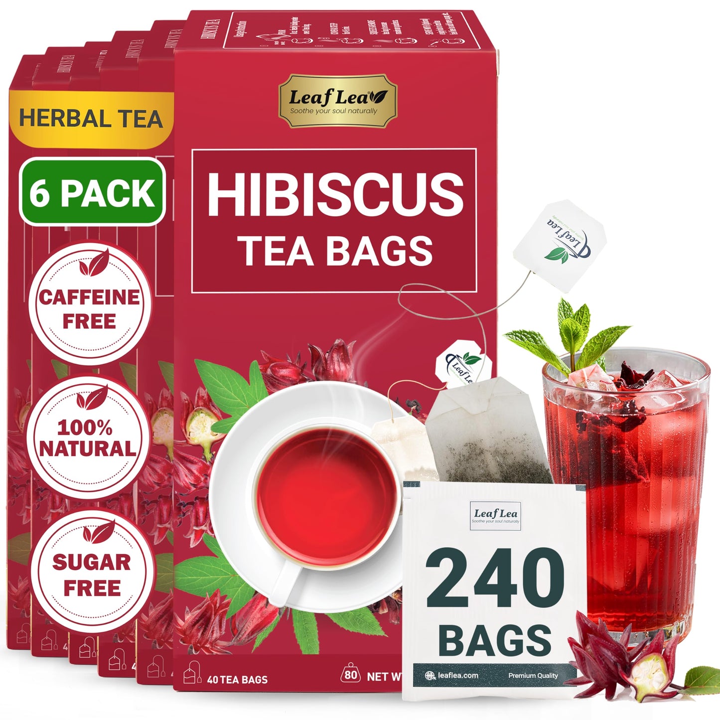 Leaflea Hibiscus Tea Bags - 240 Count Individually Wrapped 100% Natural Hibiscus Flower Herbal Tea Energy Blend-Free Sugar-Free Non-Gmo Rich In Flavor & Color Te De Hibisco Jamaica Tea (Pack Of 6)