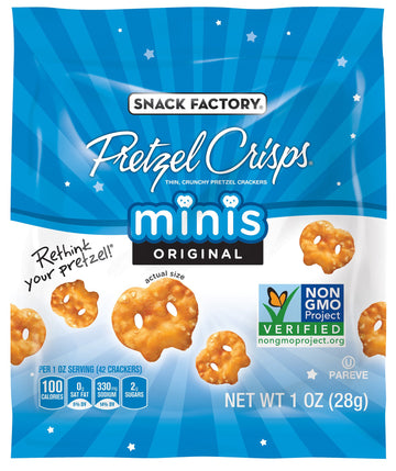 Snack Factory Pretzel Crisps, Original Minis, Multipack of 8 Single-Serve Bags