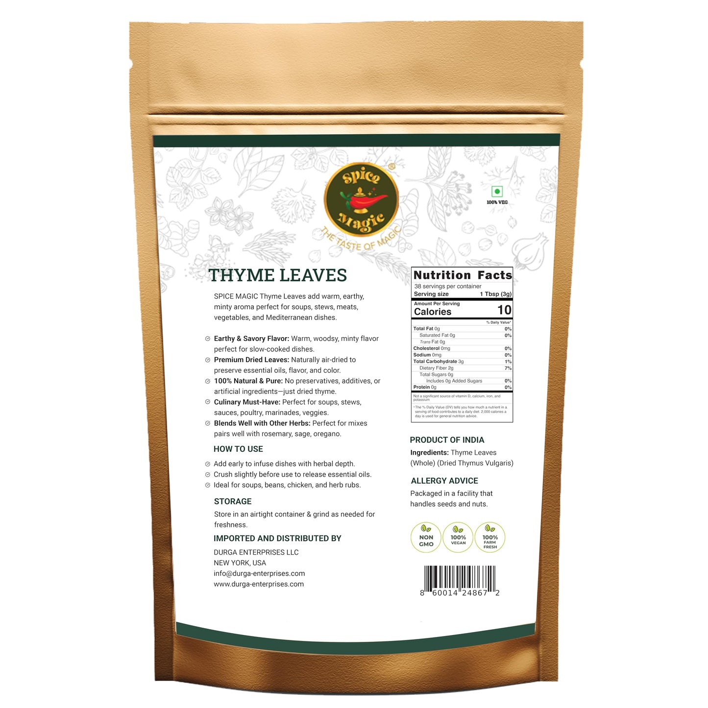 SPICE MAGIC Dried Thyme Leaves, Gourmet All-Natural Herb, 4 oz (113 g)