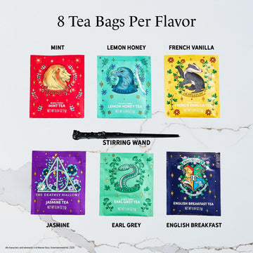 Harry Potter, Tea Gift Set, Includes Stir Wand And 48 Tea Bags In 6 Flavors, Harry Potter Gifts Tea Box With Both Green Tea Bags And Black Tea Bags