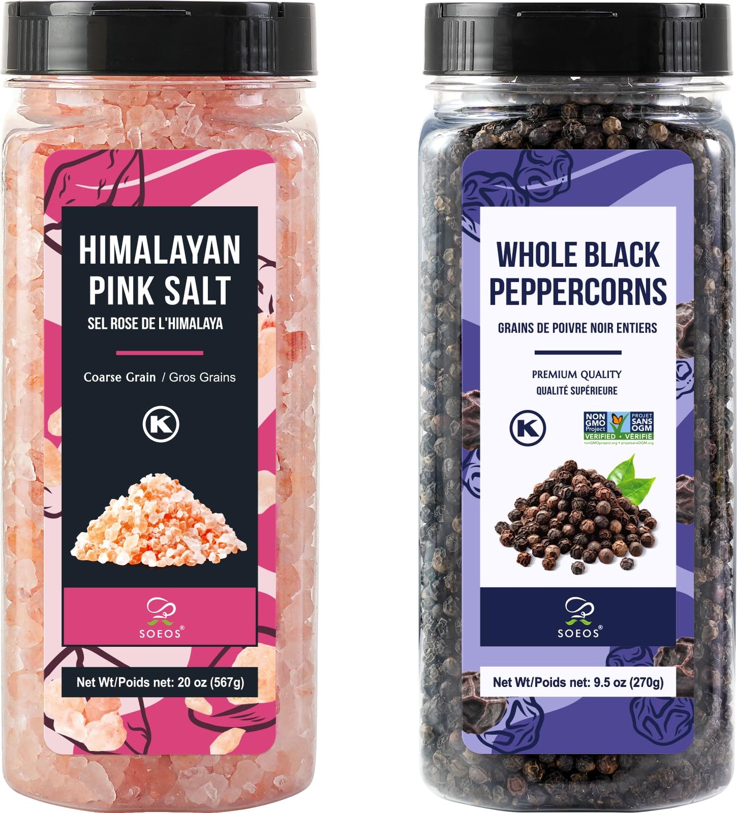 Soeos Himalayan Pink Salt 20Oz + Whole Black Peppercorns 9.5Oz Set Coarse Grain Salt For Grinder Refill Salt And Pepper Grinder Non-Gmo Verified Spice Seasoning Set For Cooking
