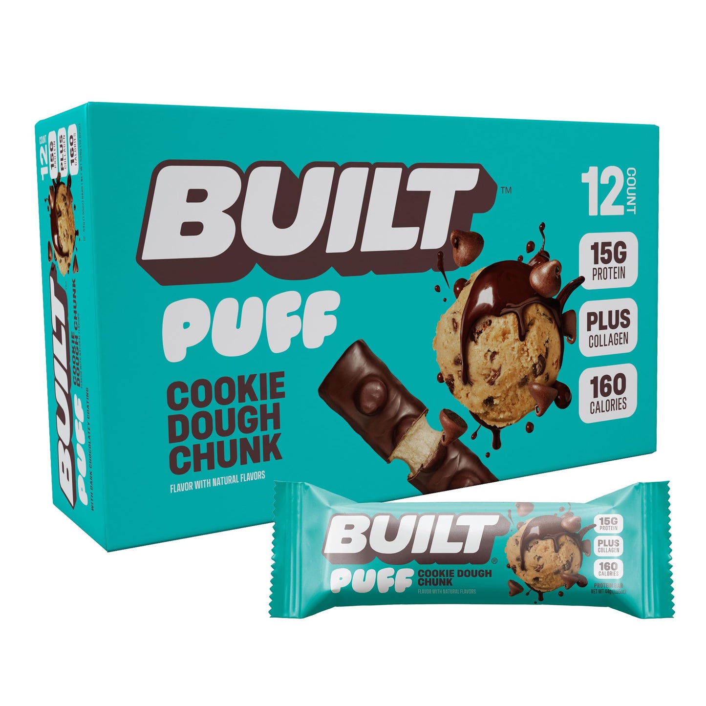 Built Bar, Puff Protein Bars, Cookie Dough Chunk Puff, 15g Protein Snacks, On-The-Go Bars, Only 160 Calories, 8g Sugar, Collagen