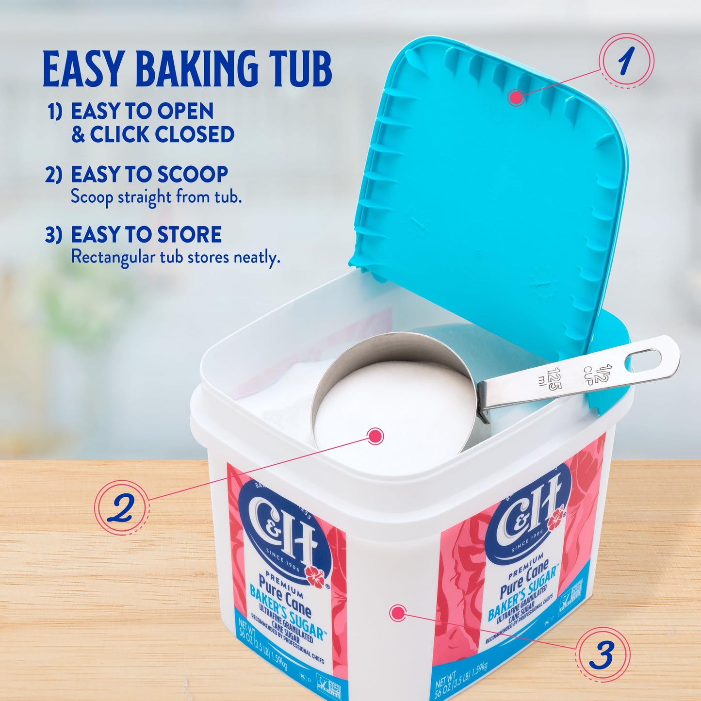 C&H Pure Cane Ultrafine Granulated Baker s Sugar, 3.5 lb Easy Baking Tub