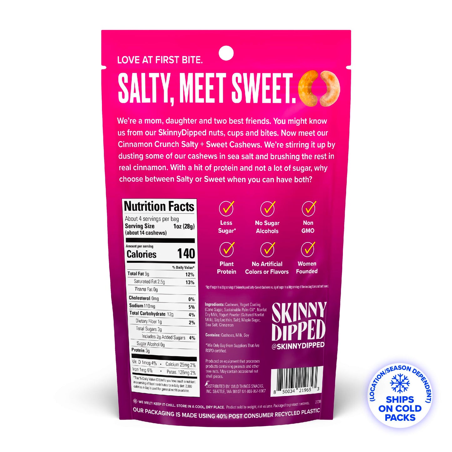 SKINNYDIPPED Salty + Sweet Cinnamon Crunch Cashew, Healthy Snack, Plant Protein, Gluten Free, 4 oz Resealable Bags, Pack of 5