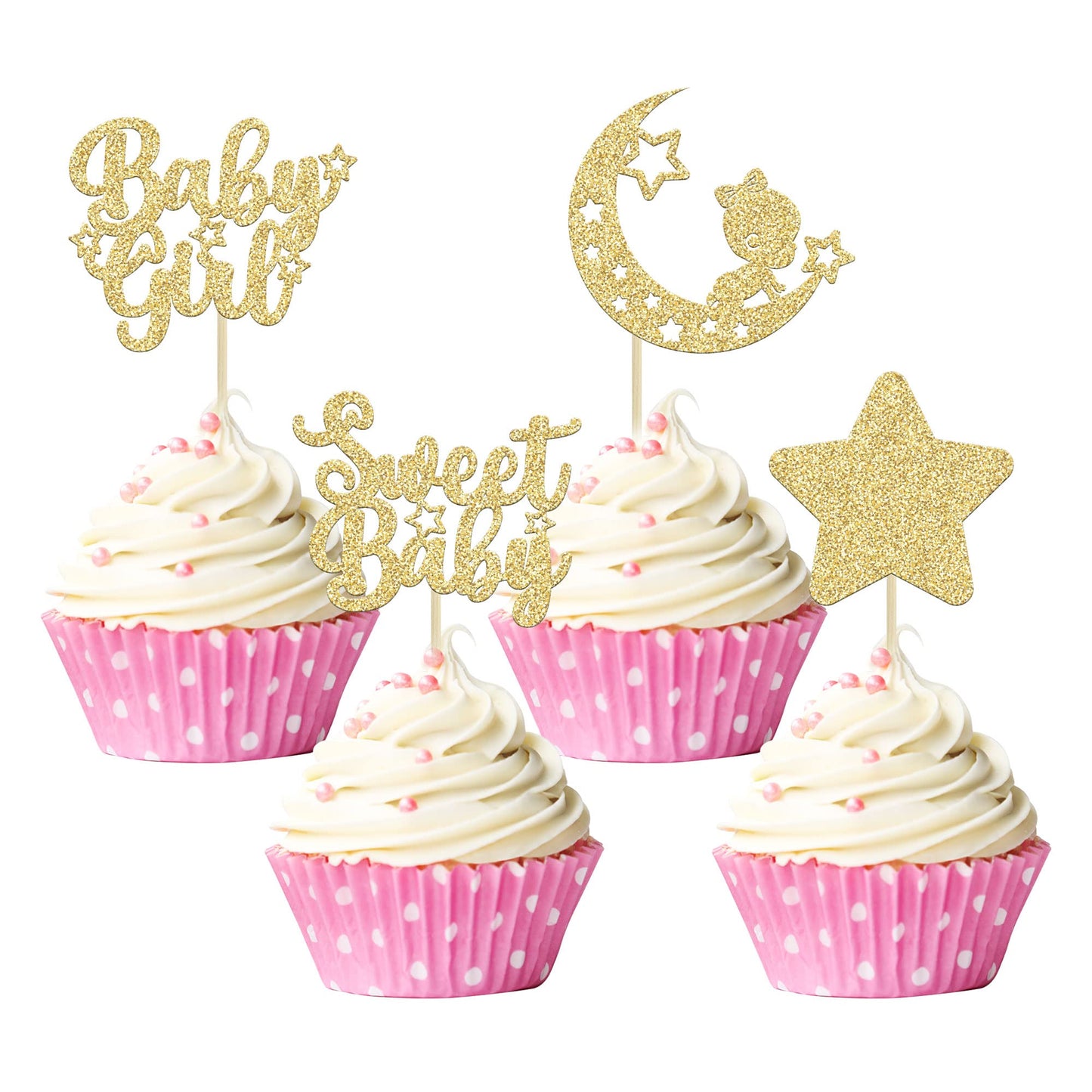 Gyufise 24Pcs Gold Glitter Baby Girl Cupcake Toppers Star Moon Sweet Baby Shower Cupcake Picks Decorations Baby Shower Girls Birthday Party Decorations Supplies
