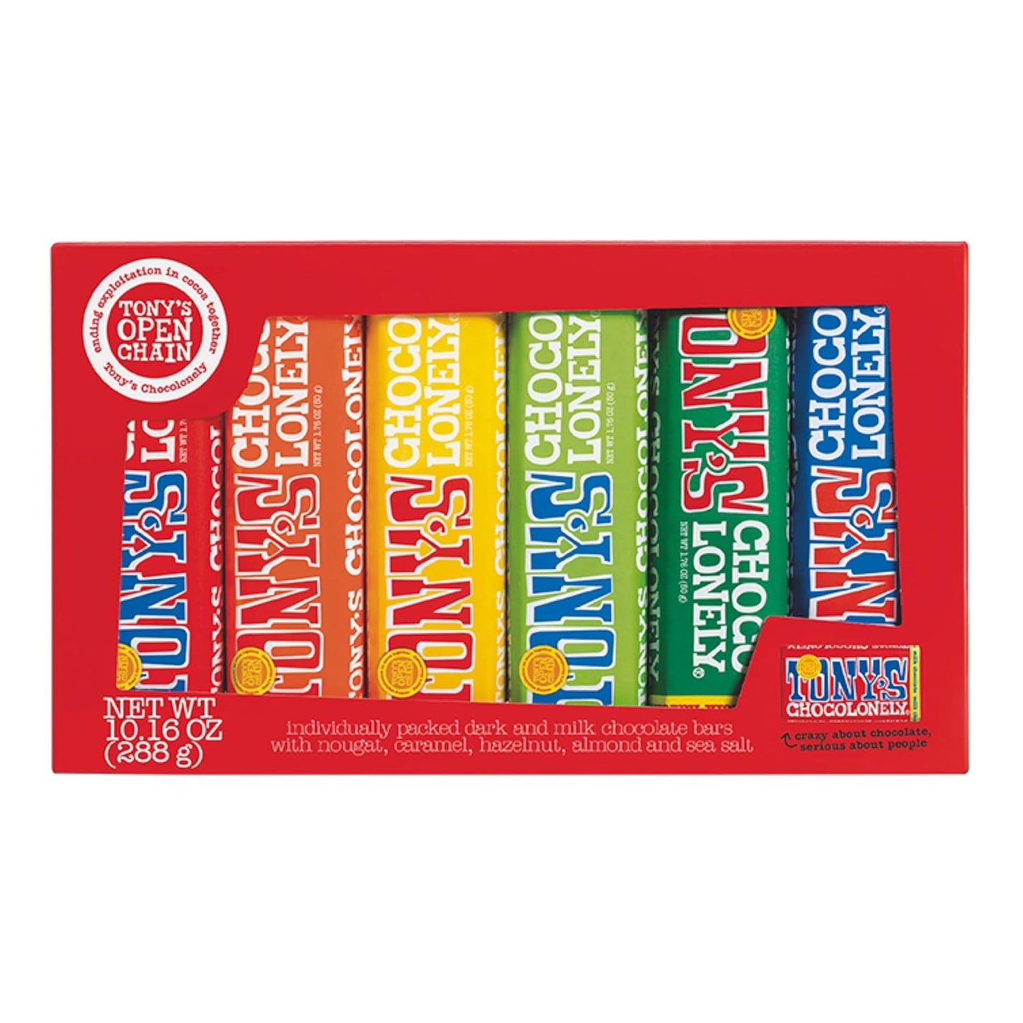 Tonys Chocolonely Rainbow Chocolate Candy Bar Variety Pack, Belgian Dark & Milk Chocolate With Sea Salt, Caramel, Almond, Hazeln