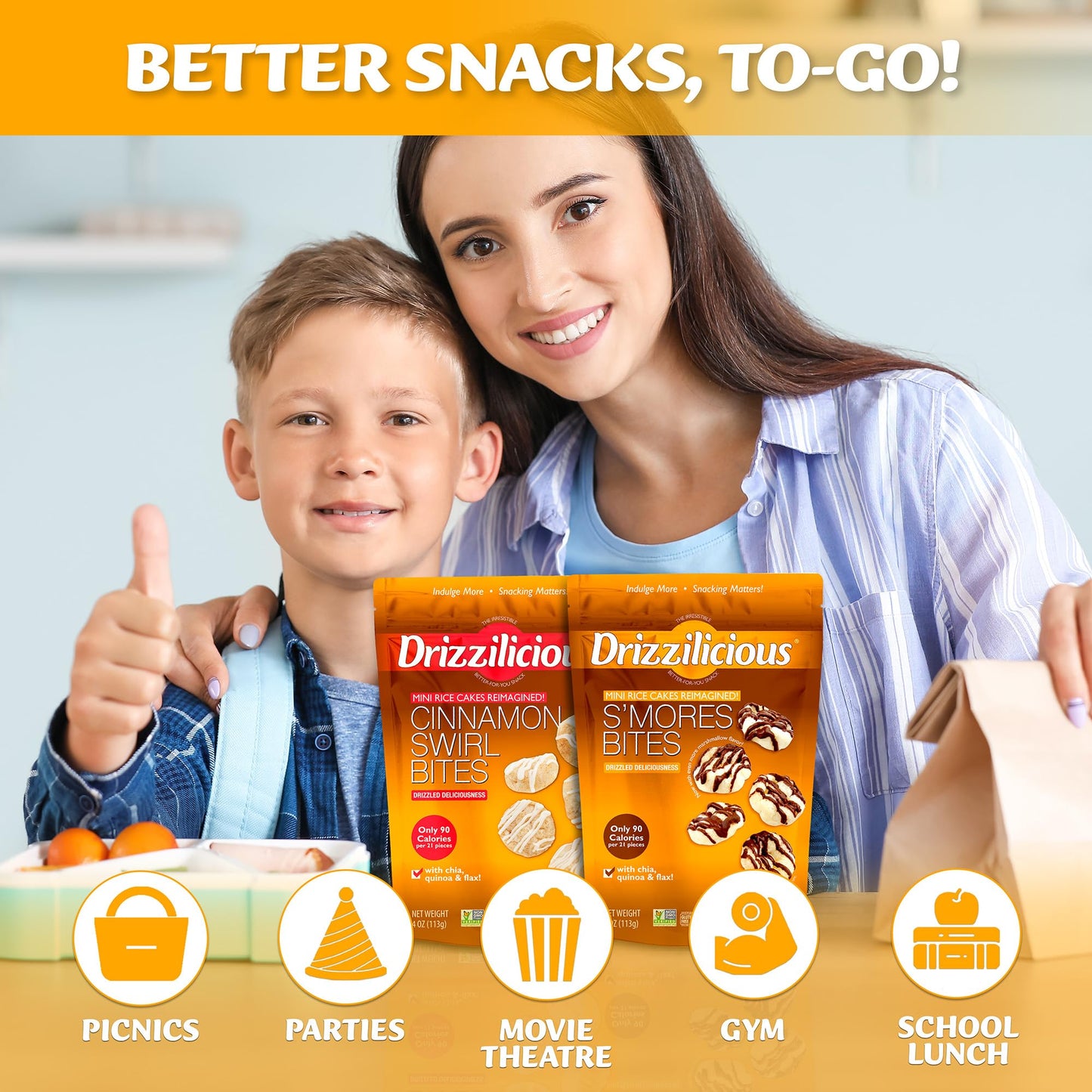 Drizzilicious Mini Rice Cakes - Rice Crisps, Healthy Snack For Adults And Kids, Flavored Rice Cakes, Vegan, Gluten Free, 90 Calo