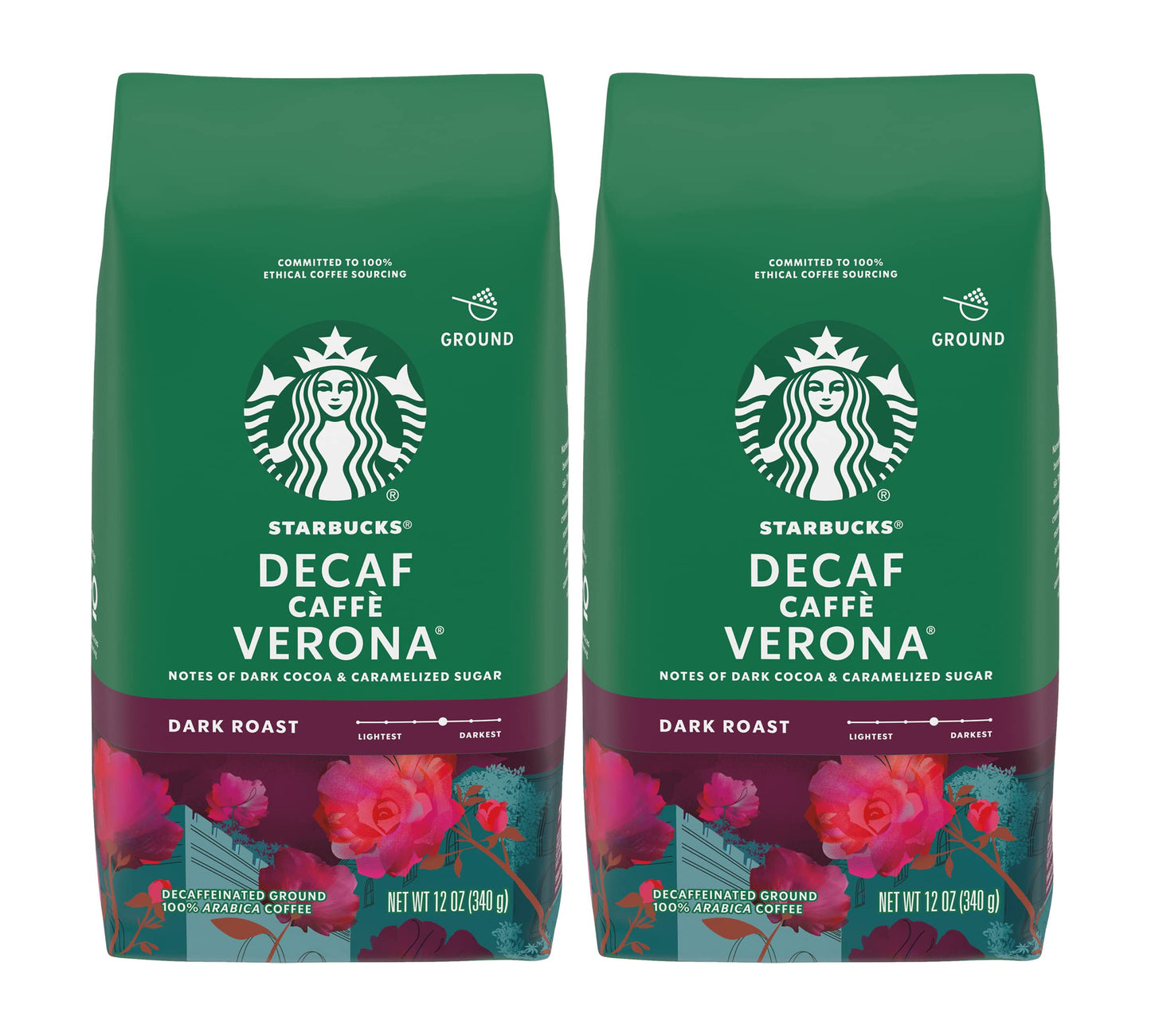 Starbucks Decaf Ground Coffee, Caffè Verona, Dark Roast Decaffeinated Ground 100% Arabica Coffee, Notes Of Dark Cocoa & Caramelized Sugar, 12-Ounce Bag (Pack Of 2)