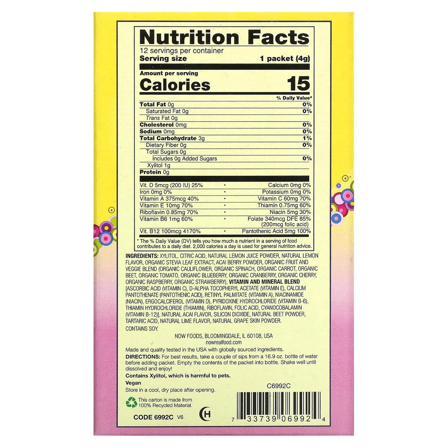 Now Foods Acai Lemonade Stevia Drink Sticks, 12 Ct
