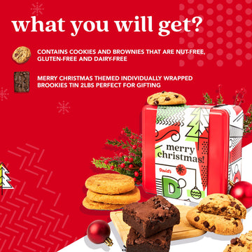 Davids Cookies Merry Christmas Cookie & Brownie Tin - Gourmet Gluten-Free Snacks, 2lbs, Perfect Holiday Gift